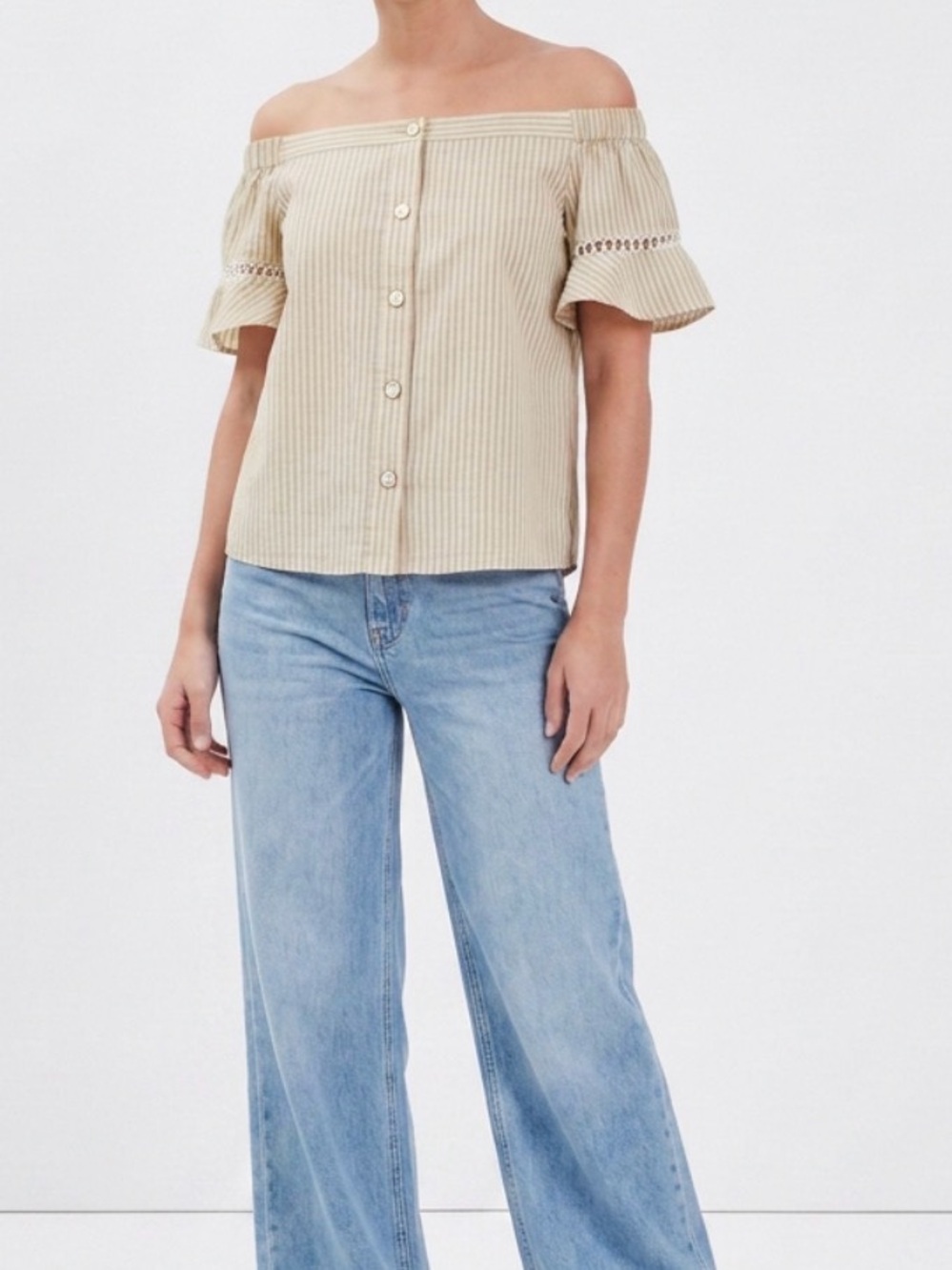 Sandy & Sid Off-Shoulder Button Front Tan & Blue Pinstriped Top Size Large